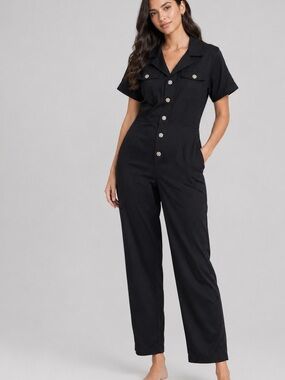 Kittenish Black Utility Jumpsuit with jeweled buttons